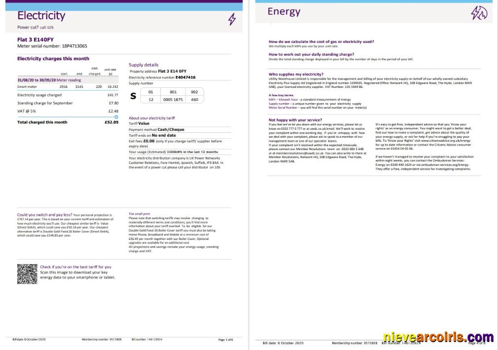 United Kingdom Utility Warehouse electricity utility bill 6 pages 3 4